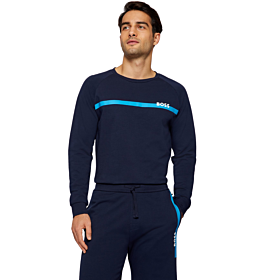 Boss Cotton Terry Sweatshirt With Stripe And Logo Μπλε Μαρίν