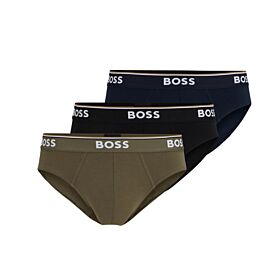 Boss Men Triple Pack Of Stretch Cotton Briefs With Logo Waistband Μαύρο-Χακί-Μπλε