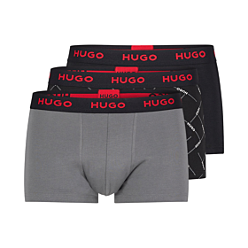Hugo Three-Pack Of Logo Waistband Trunks Stretch Cotton Ανθρακί-Μαύρο